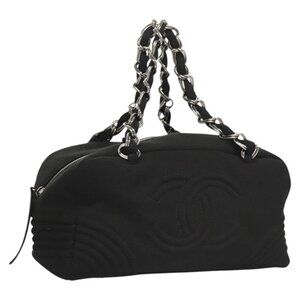 CHANEL COCO Mark Chain Hand Bag Cotton Black Silver CC Auth BD2146